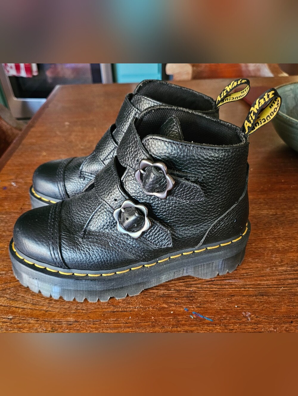 Dr. Martens Black Leather Daisy Flower-Buckle Ankle Boots 8